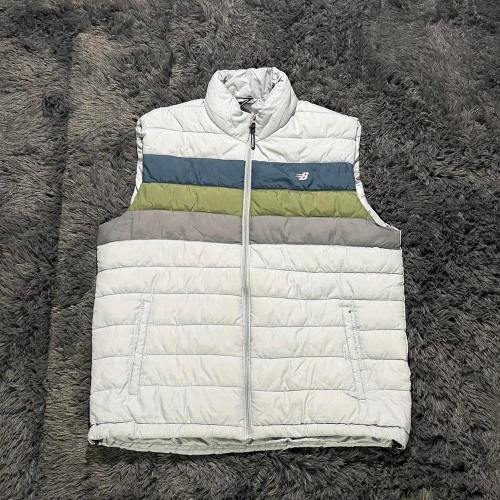New Balance Mens Puffer Vest Light Grey Multi Color Stripe Quilted Full Zip L